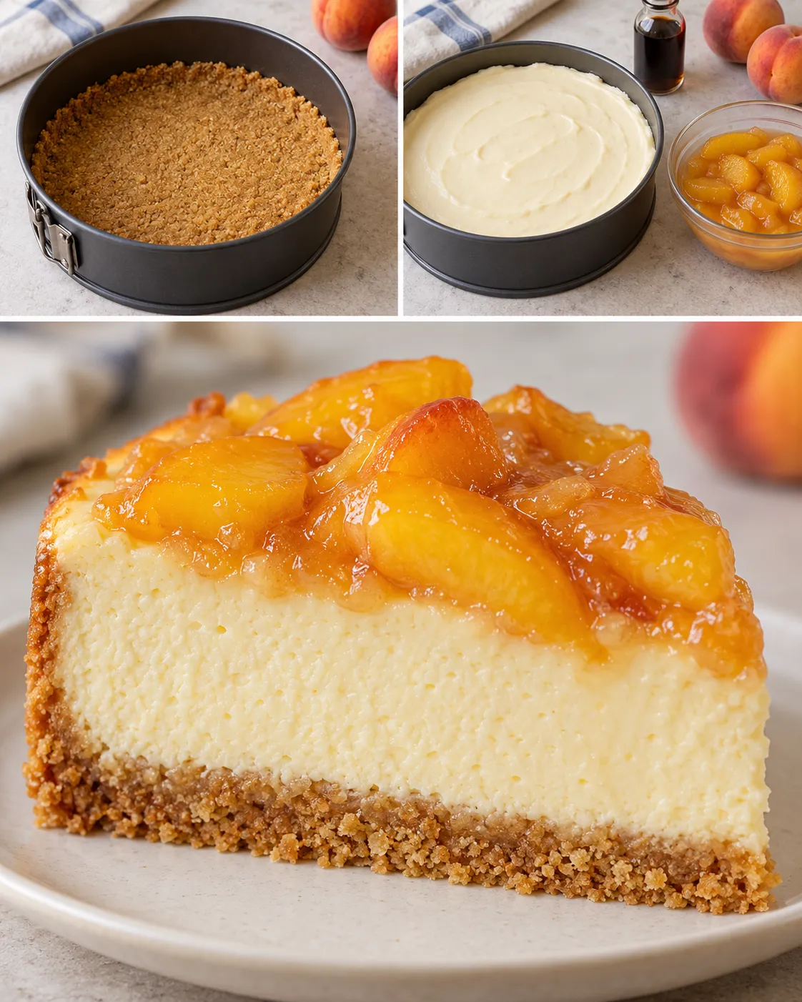 Baked cheesecake with peaches and vanilla