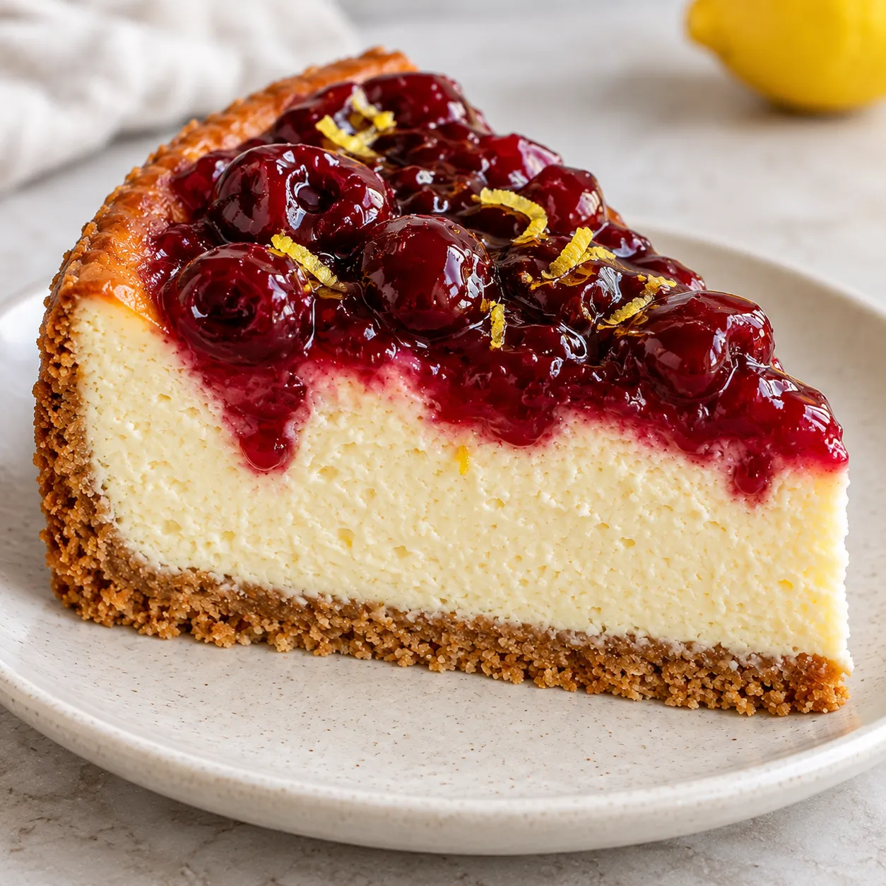 Baked cheesecake with cherries and lemon