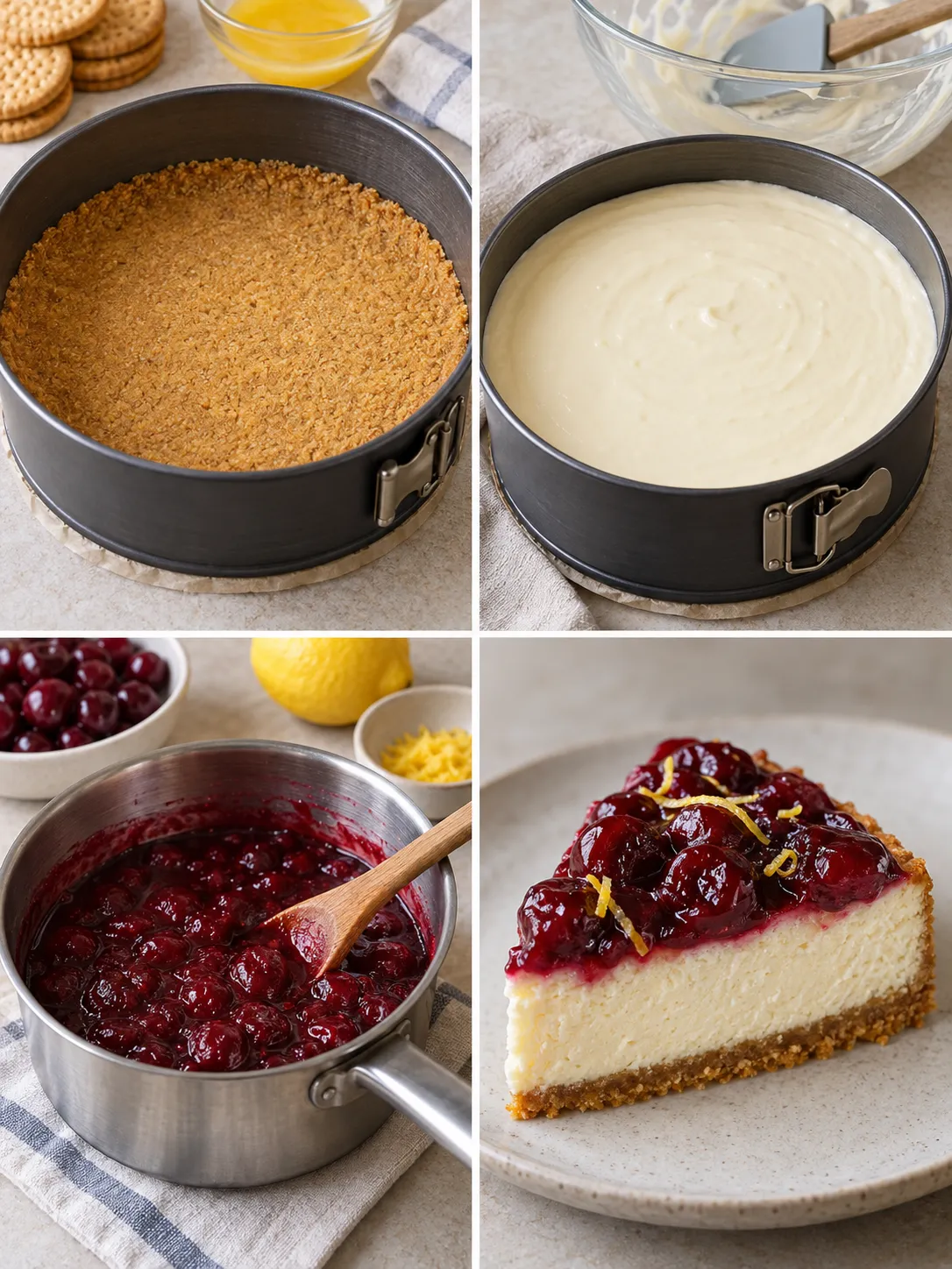 Baked cheesecake with cherries and lemon