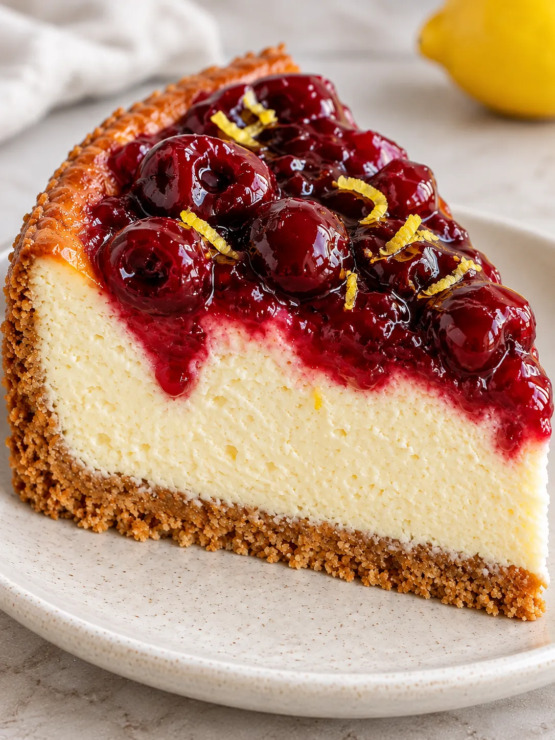 Baked cheesecake with cherries and lemon