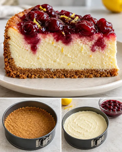 Baked cheesecake with cherries and lemon