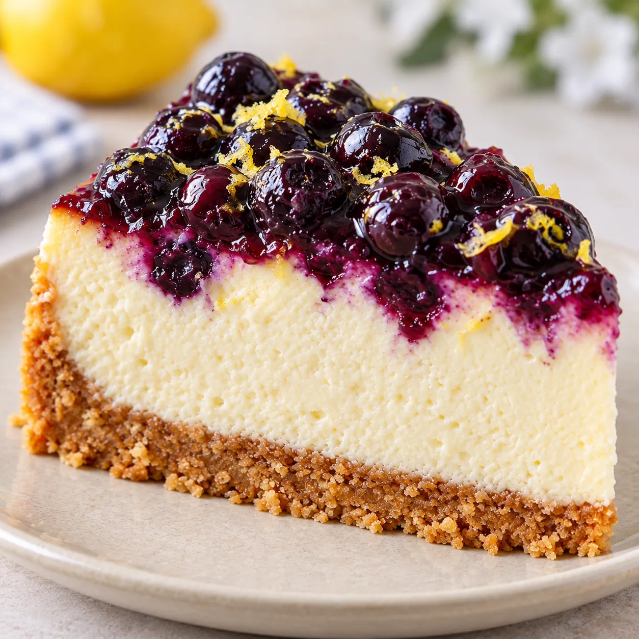 Baked cheesecake with blueberries and lemon