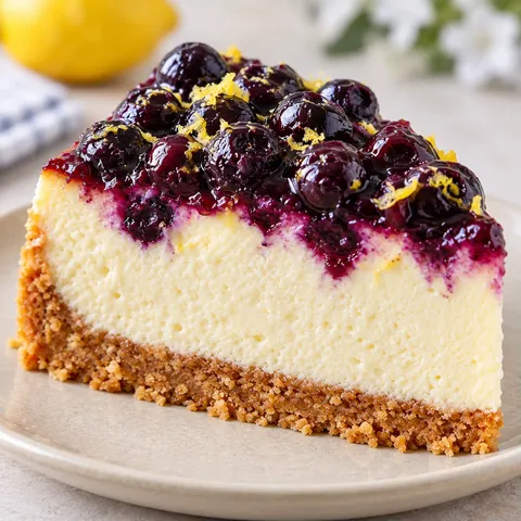 Baked cheesecake with blueberries and lemon