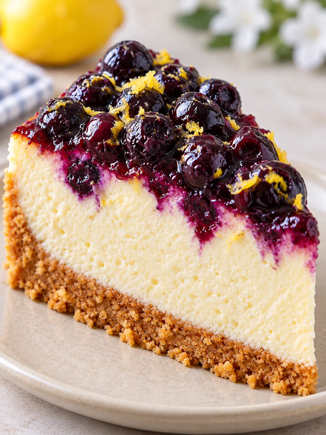 Baked cheesecake with blueberries and lemon