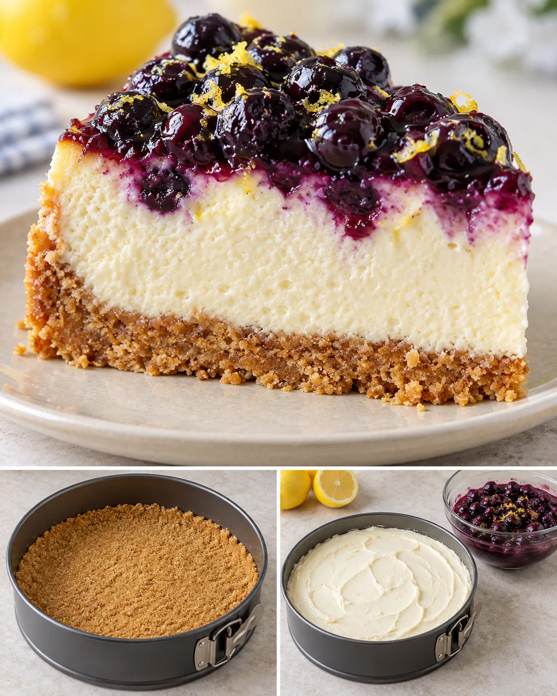 Baked cheesecake with blueberries and lemon