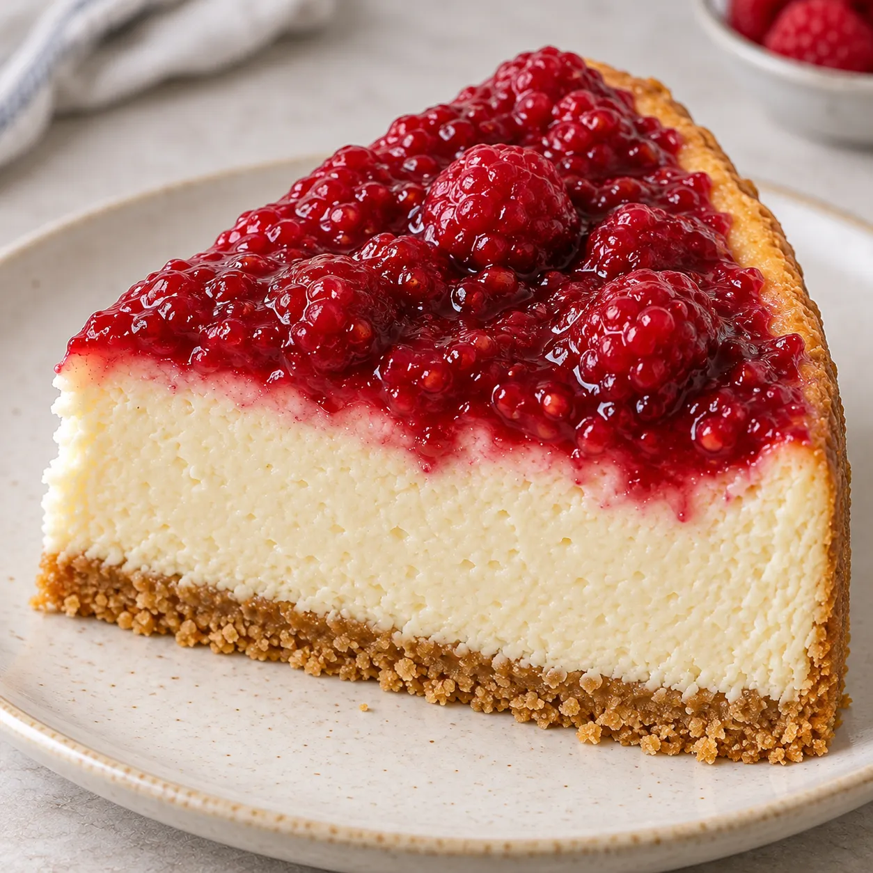 Baked cheesecake with raspberries and vanilla