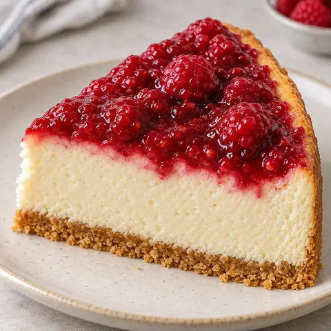 Baked cheesecake with raspberries and vanilla