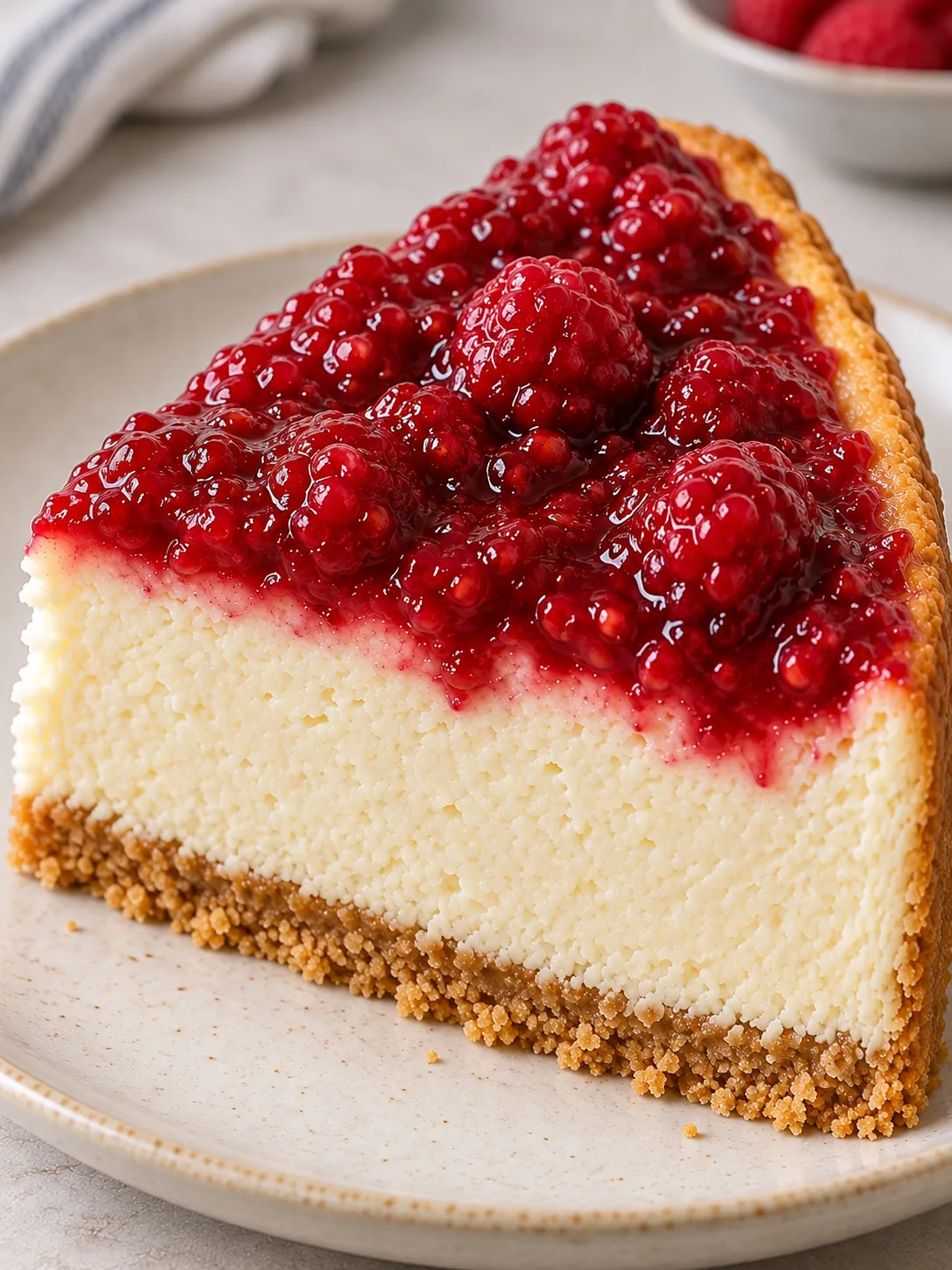 Baked cheesecake with raspberries and vanilla
