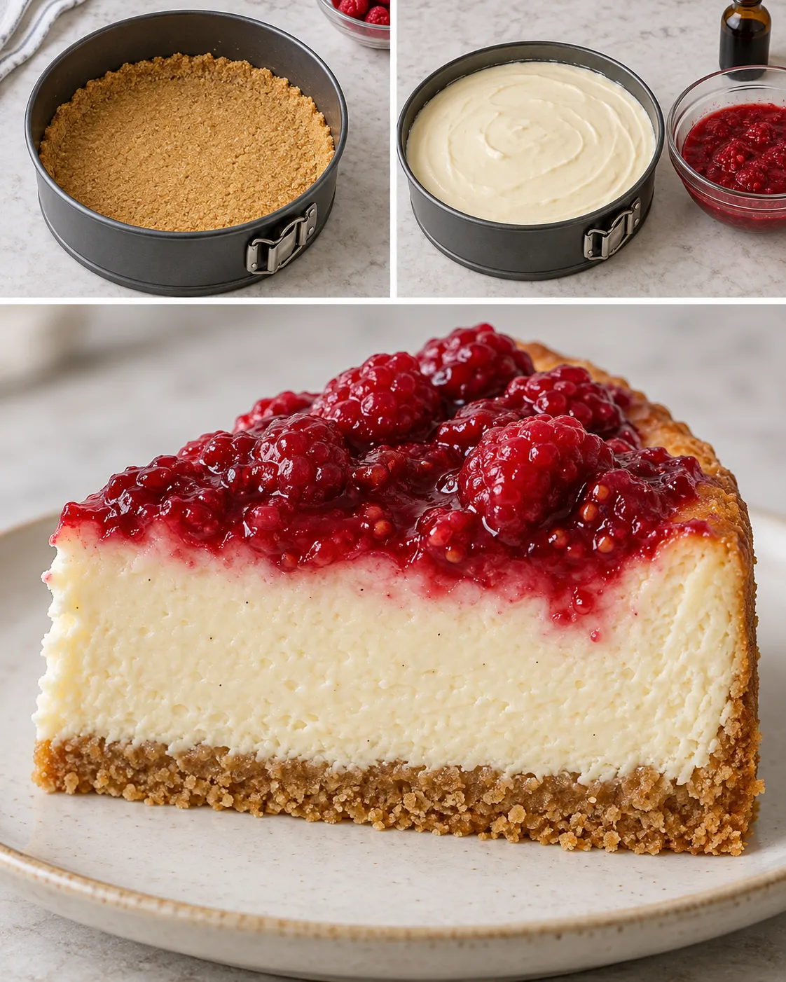 Baked cheesecake with raspberries and vanilla