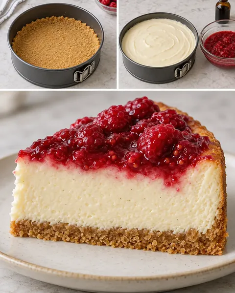 Baked cheesecake with raspberries and vanilla