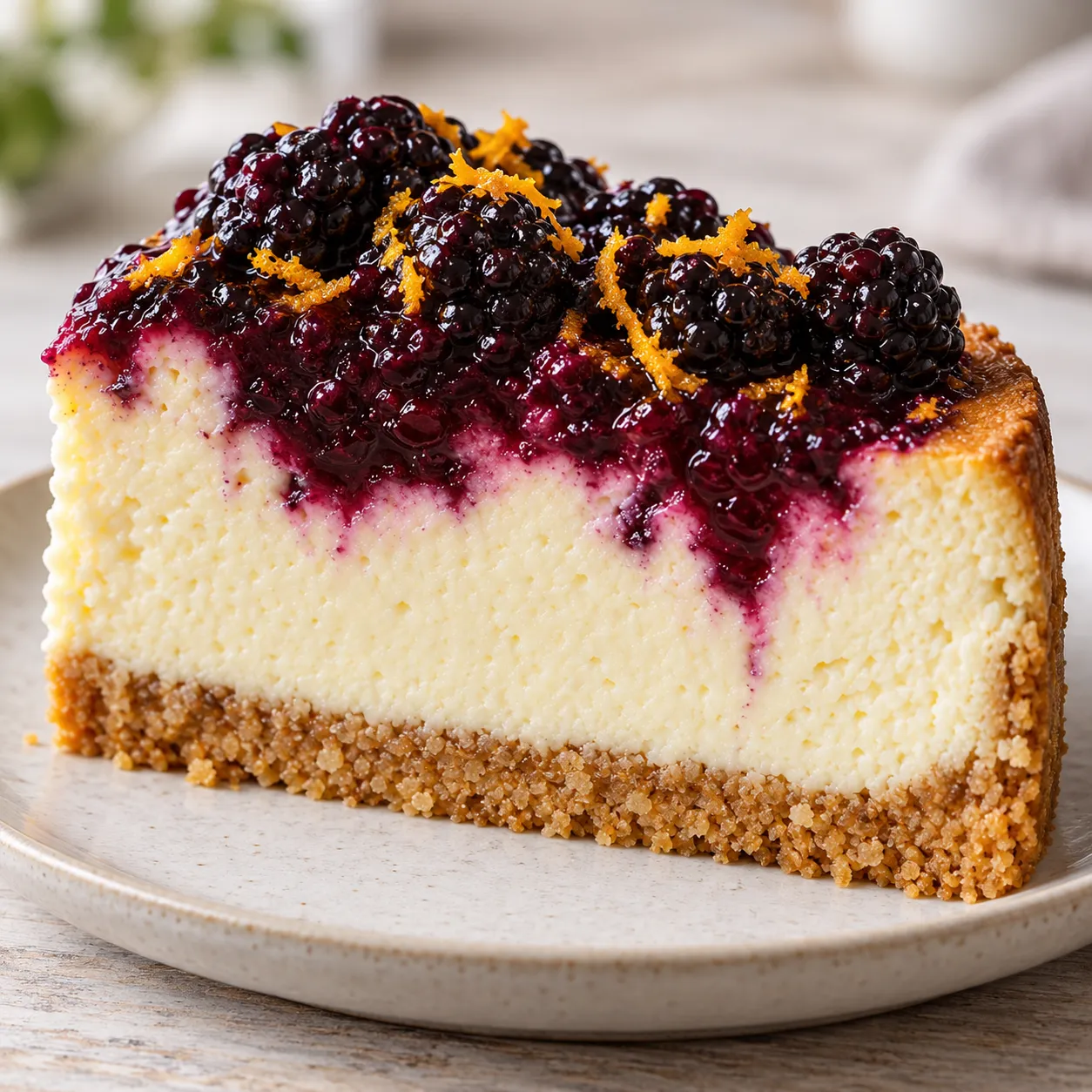 Baked cheesecake with blackberries and orange