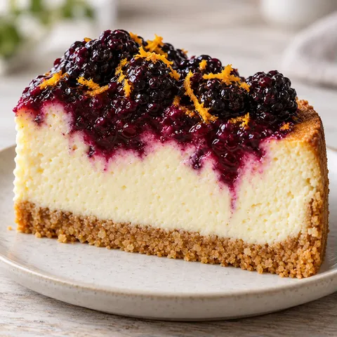Baked cheesecake with blackberries and orange
