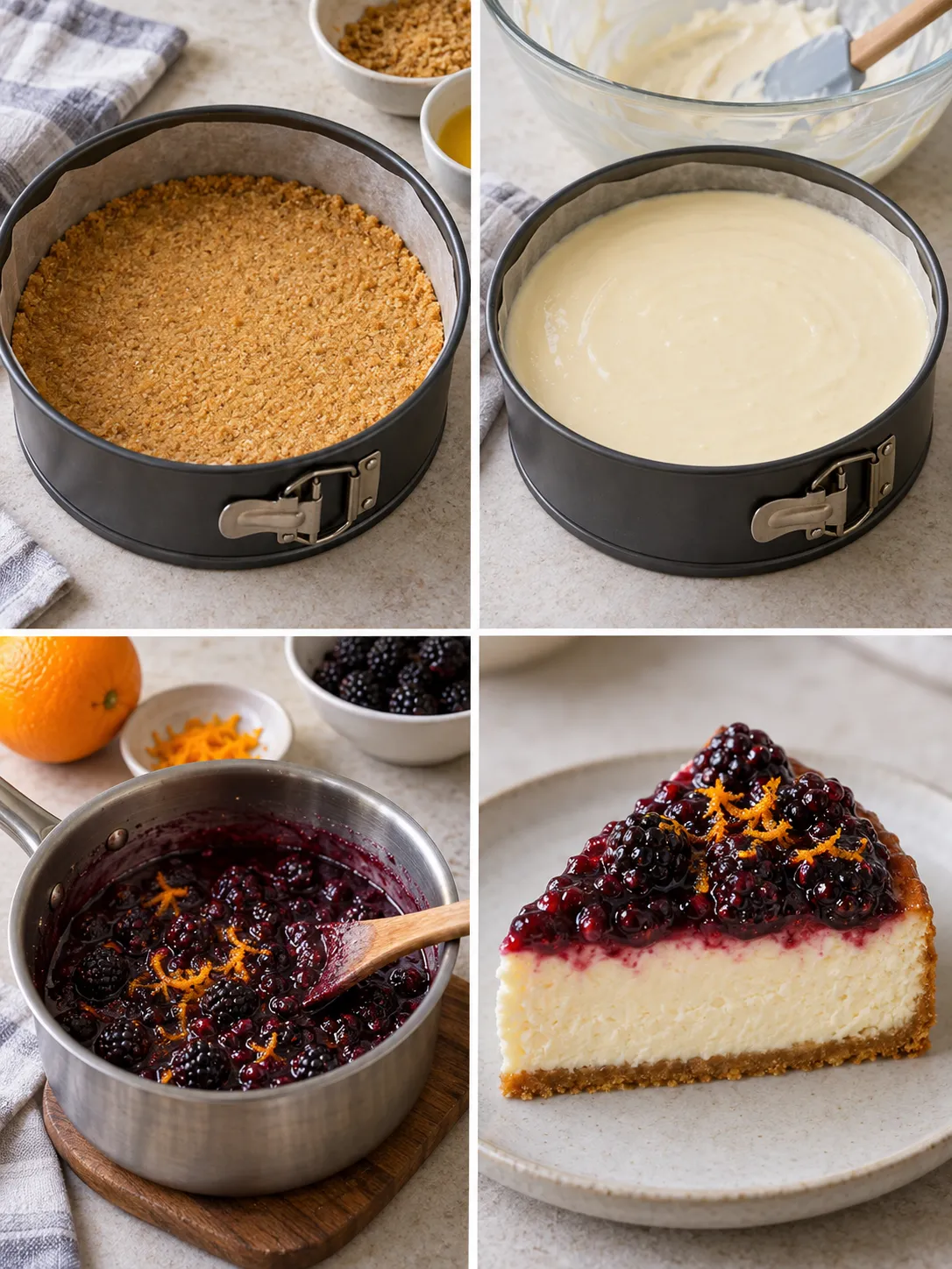 Baked cheesecake with blackberries and orange