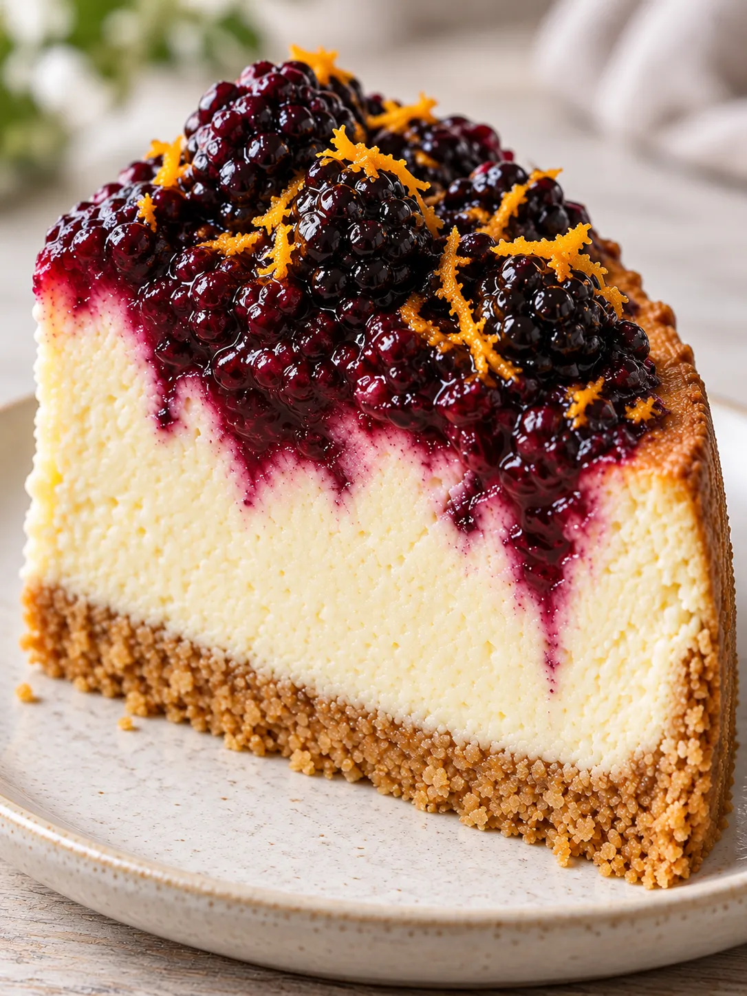 Baked cheesecake with blackberries and orange