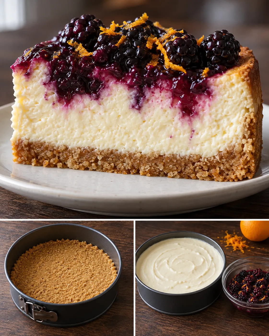 Baked cheesecake with blackberries and orange