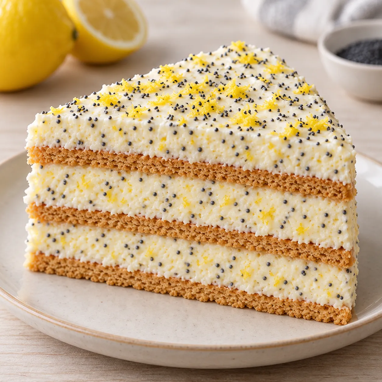 No-bake biscuit cake with lemon and poppy seeds