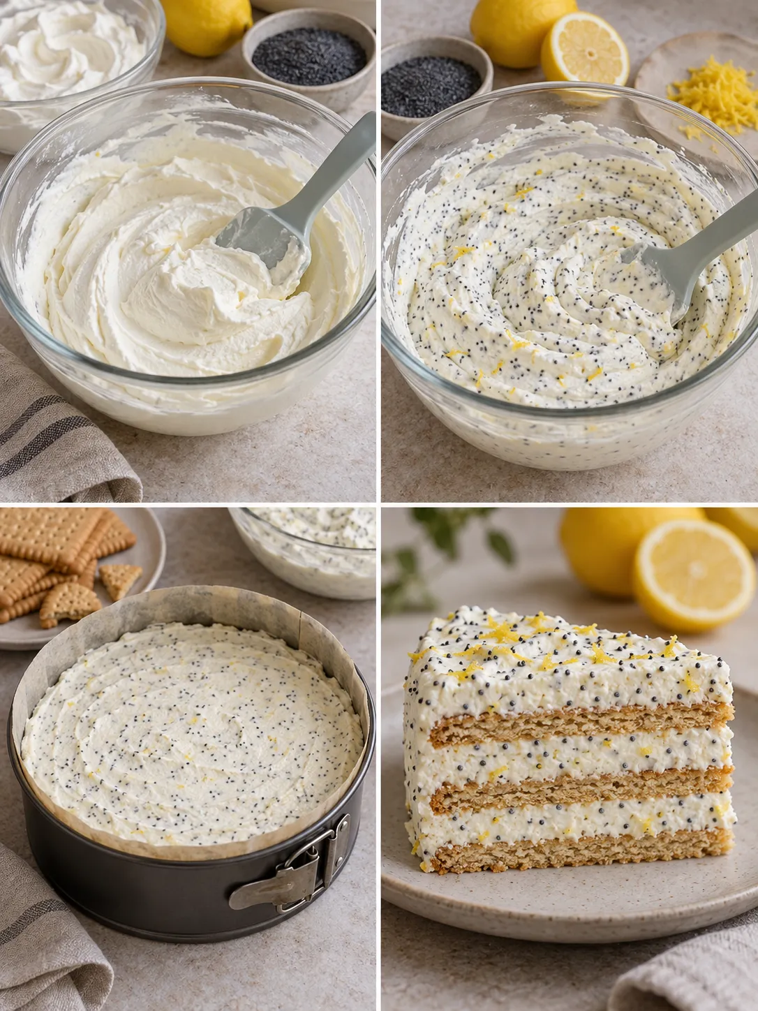 No-bake biscuit cake with lemon and poppy seeds