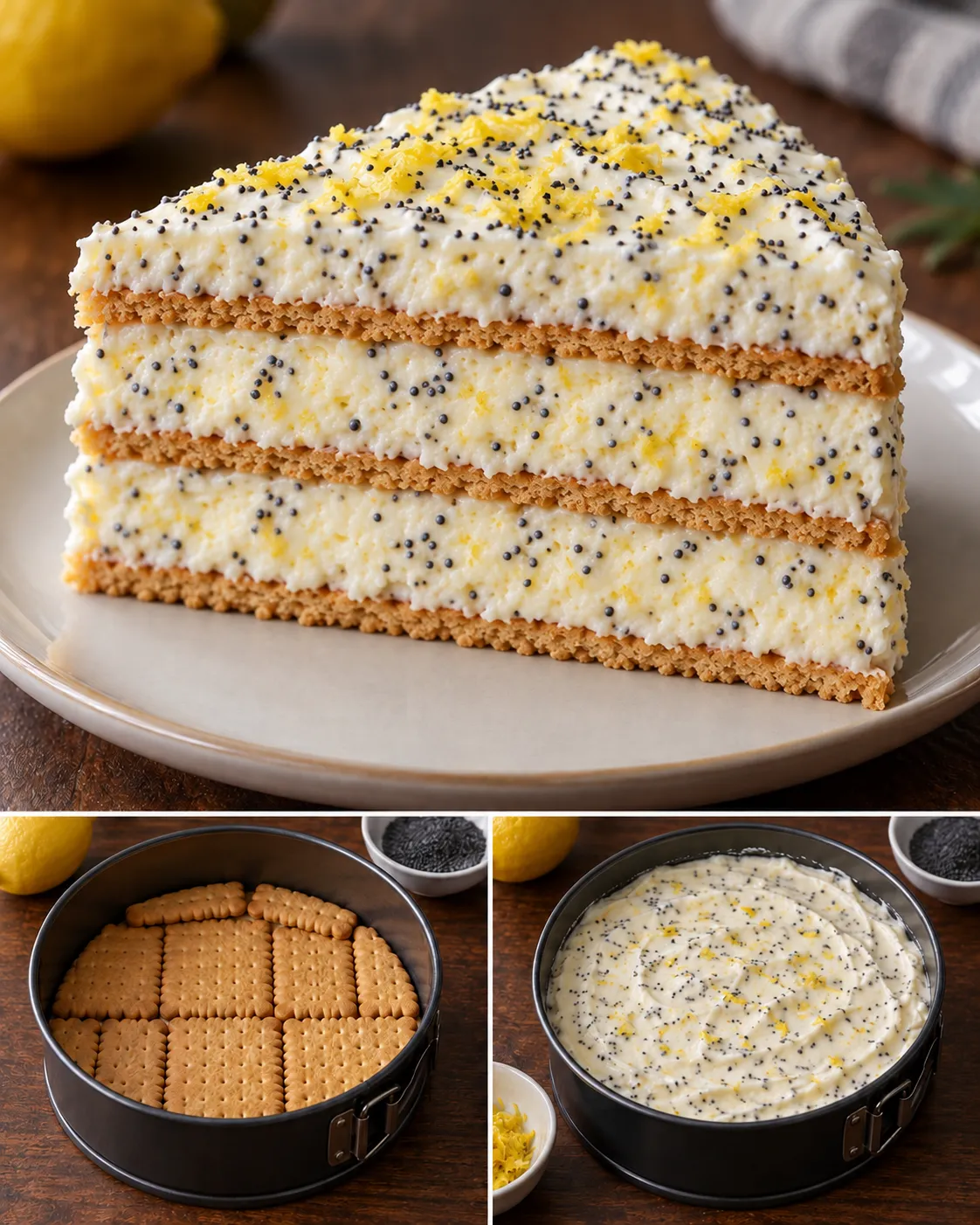 No-bake biscuit cake with lemon and poppy seeds