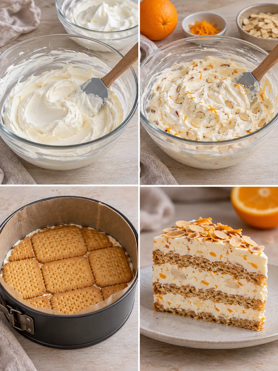 No-bake biscuit cake with orange and almonds