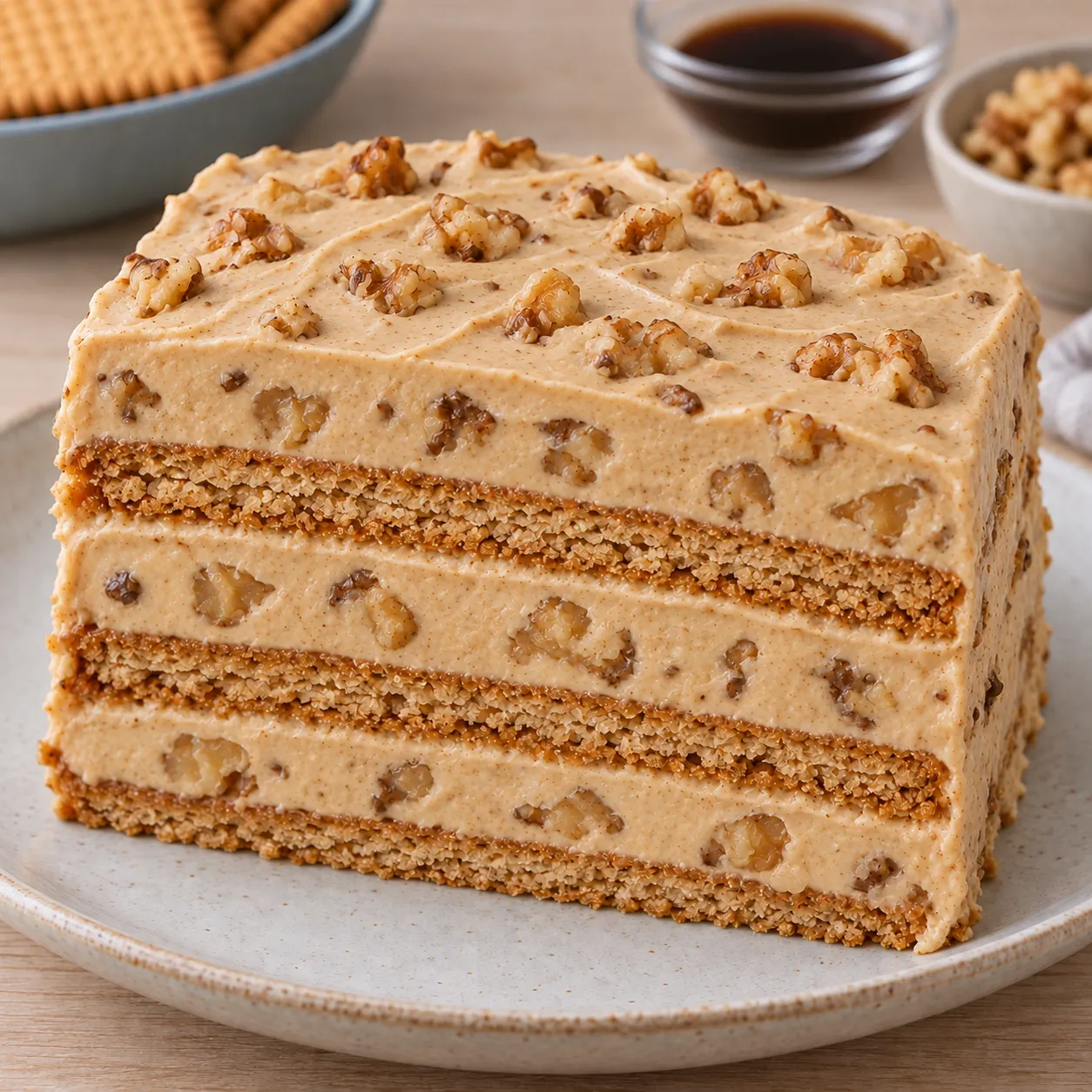 No-bake biscuit cake with coffee and walnuts