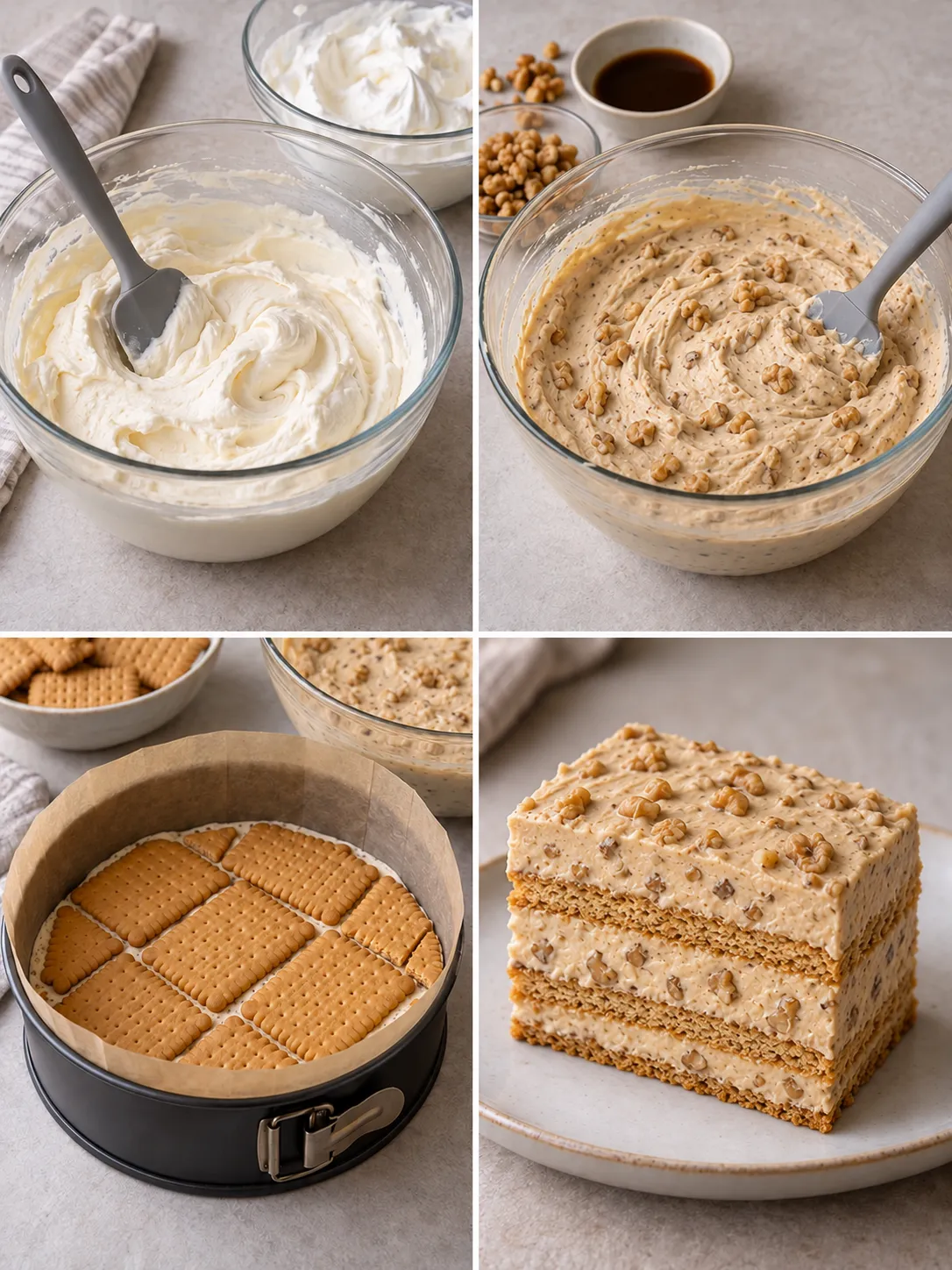 No-bake biscuit cake with coffee and walnuts