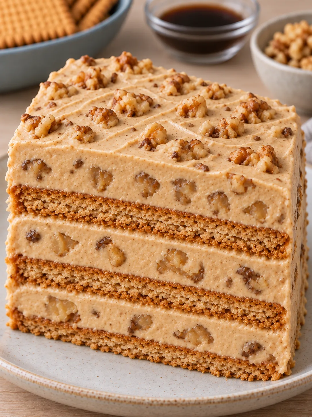 No-bake biscuit cake with coffee and walnuts