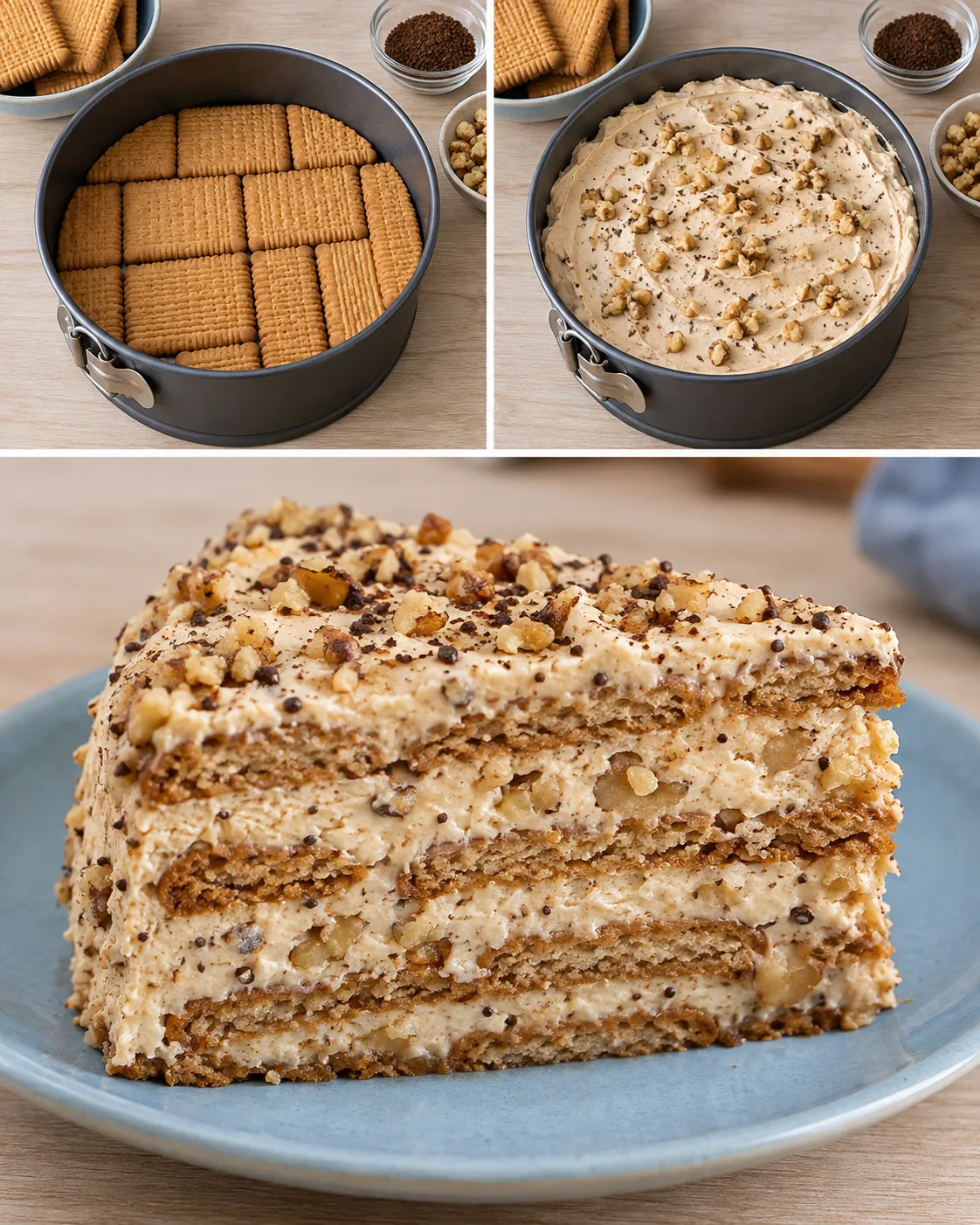 No-bake biscuit cake with coffee and walnuts