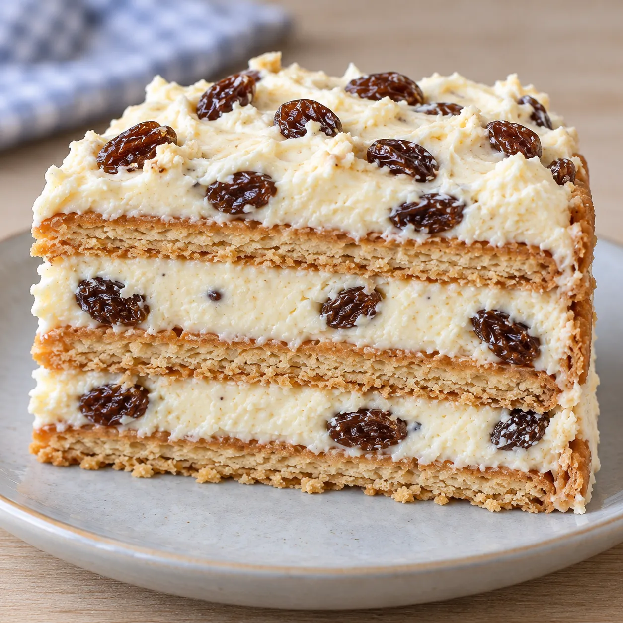 No-bake biscuit cake with vanilla and raisins