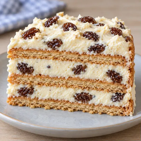 No-bake biscuit cake with vanilla and raisins