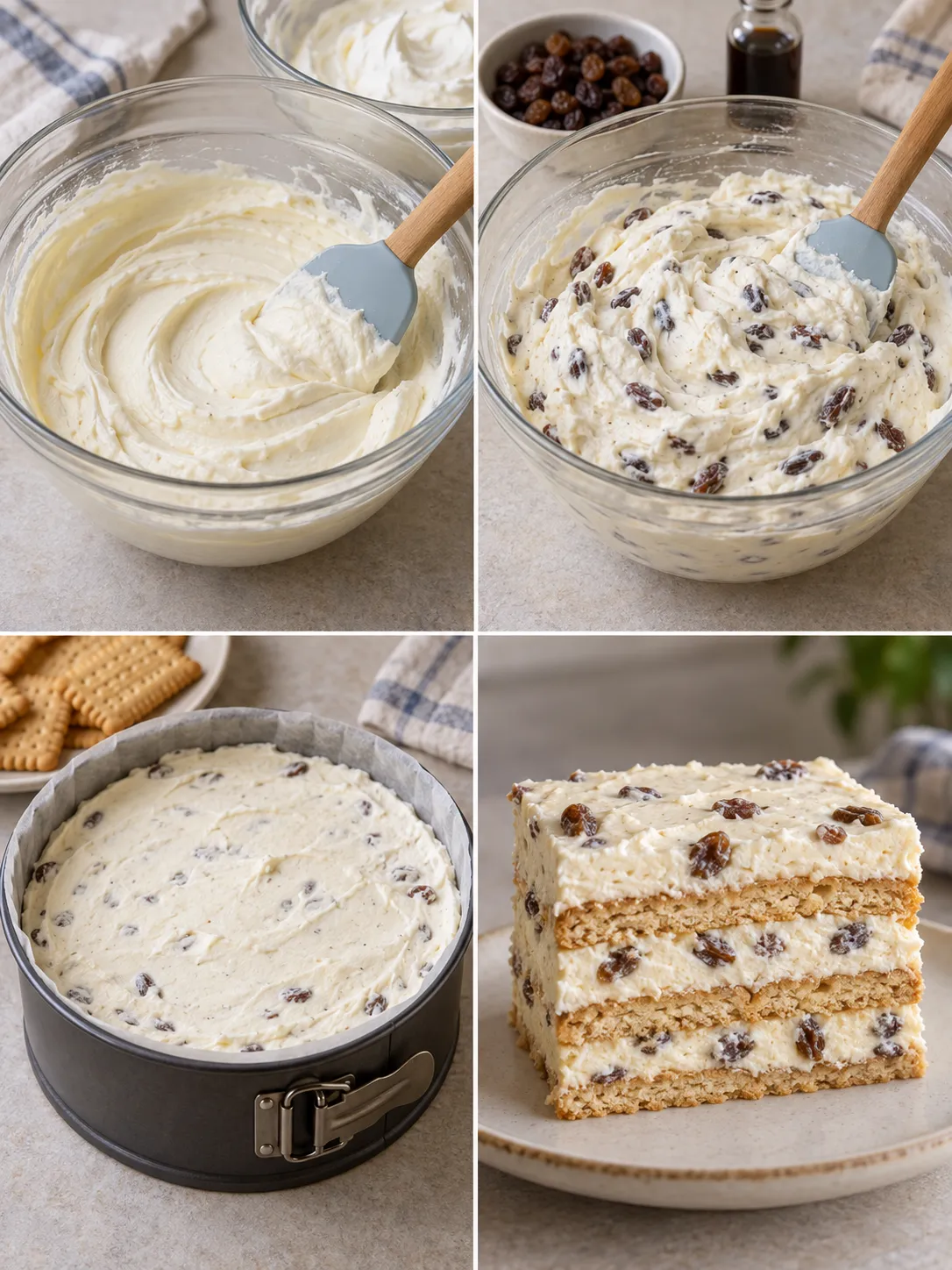 No-bake biscuit cake with vanilla and raisins