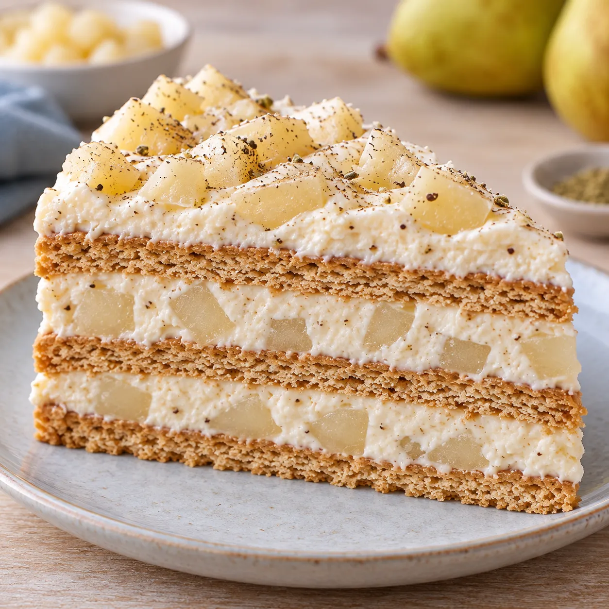 No-bake biscuit cake with cardamom and pear