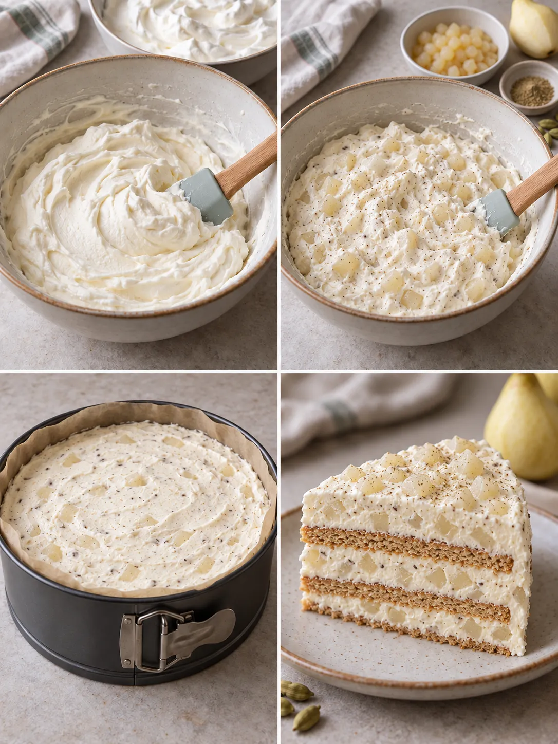 No-bake biscuit cake with cardamom and pear