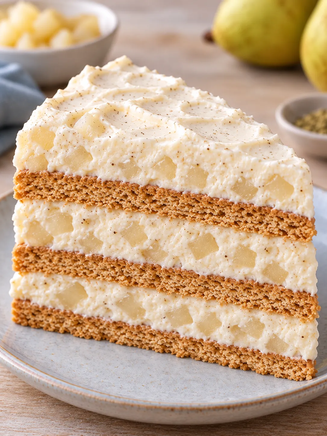 No-bake biscuit cake with cardamom and pear