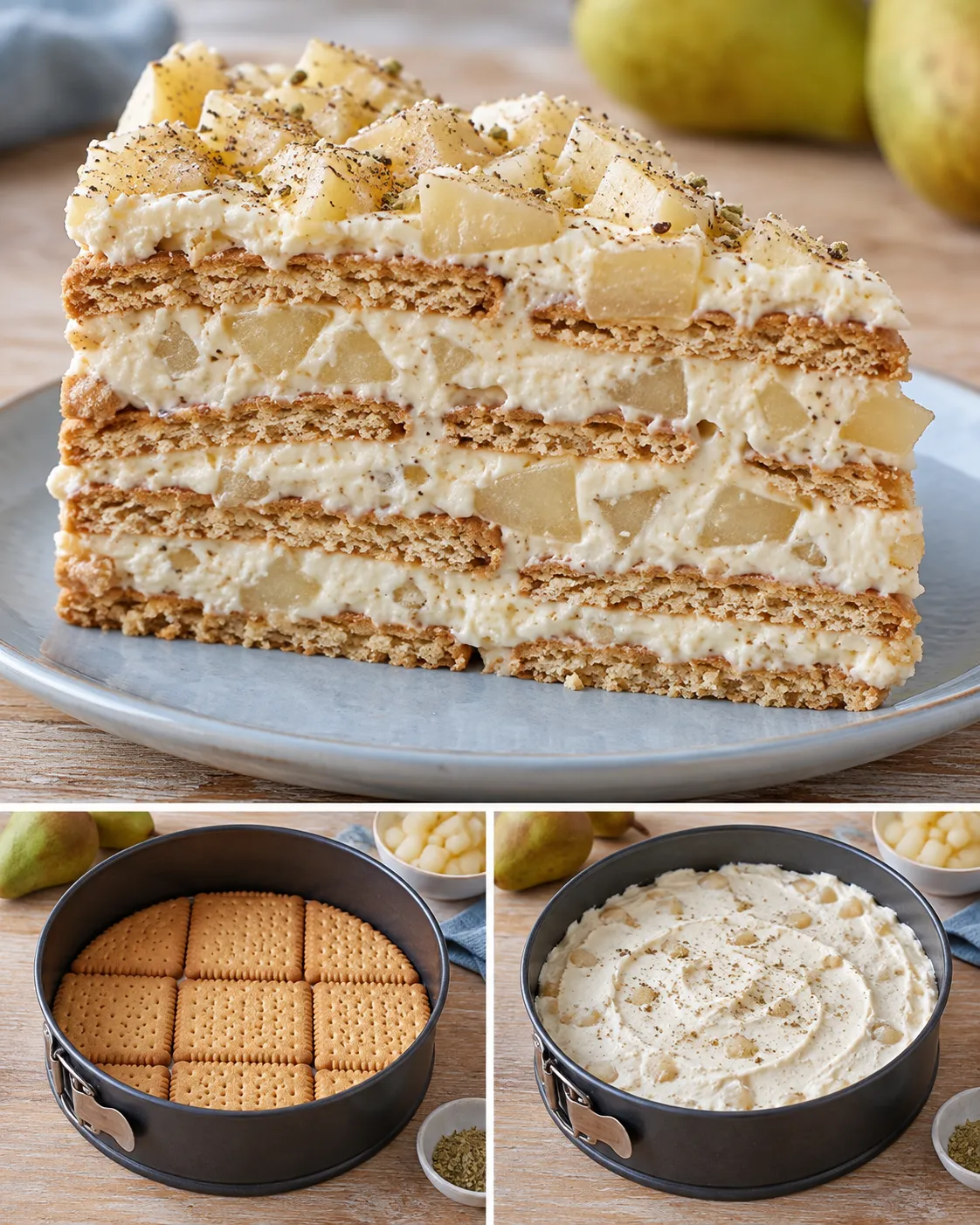 No-bake biscuit cake with cardamom and pear