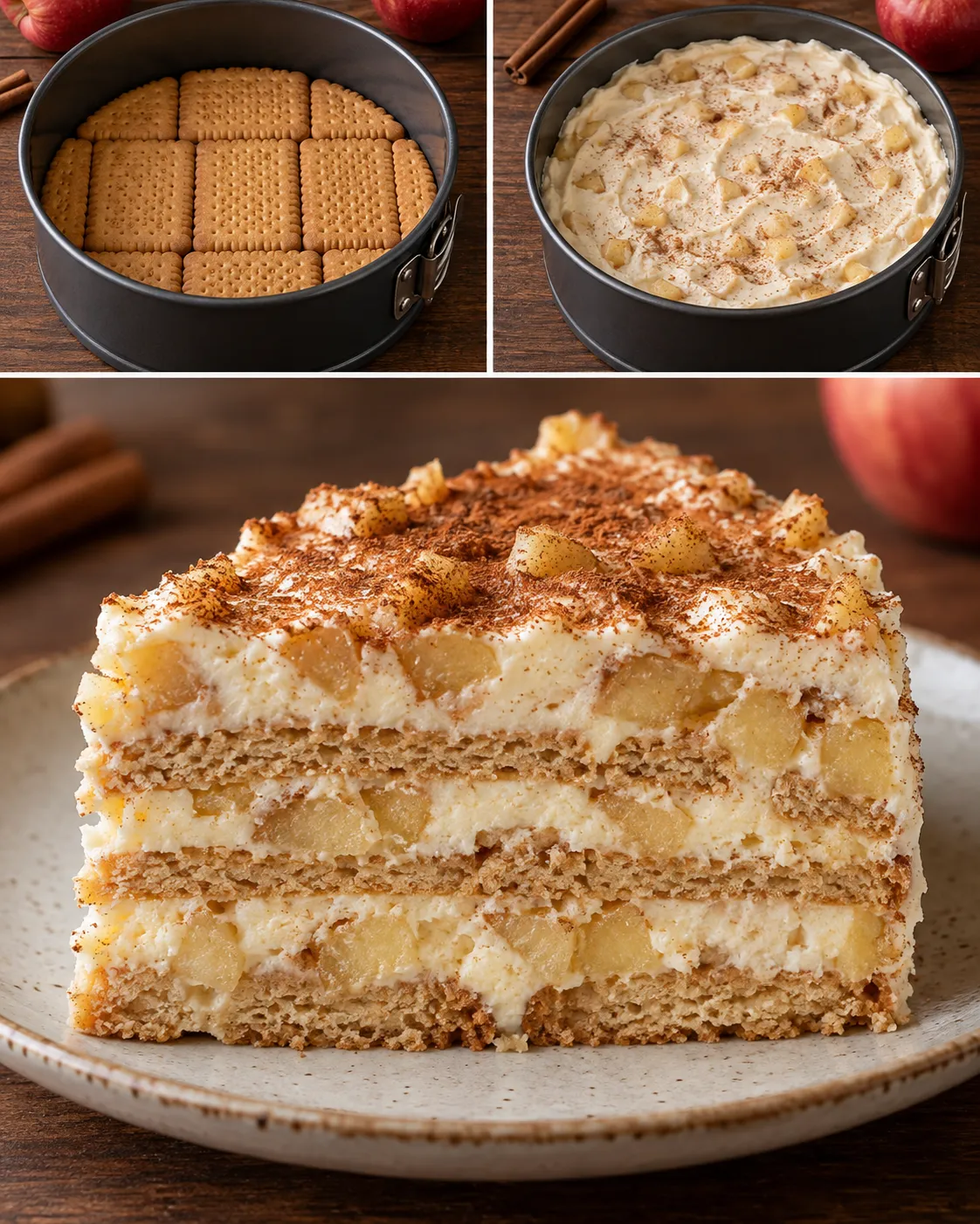 No-bake biscuit cake with cinnamon and apple