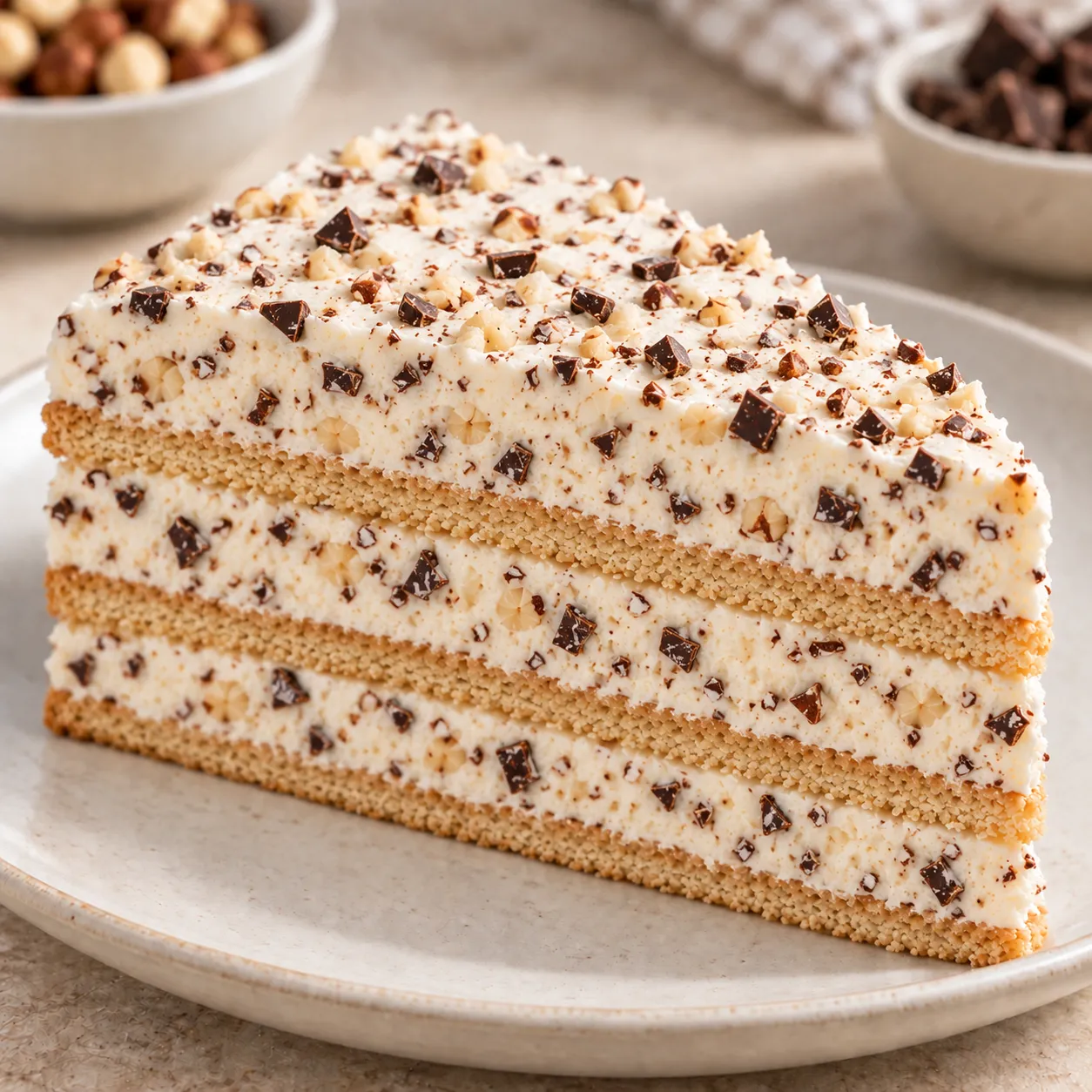 No-bake biscuit cake with chocolate and hazelnuts