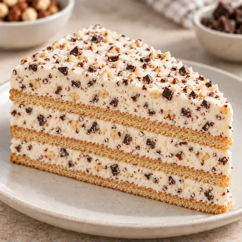 No-bake biscuit cake with chocolate and hazelnuts