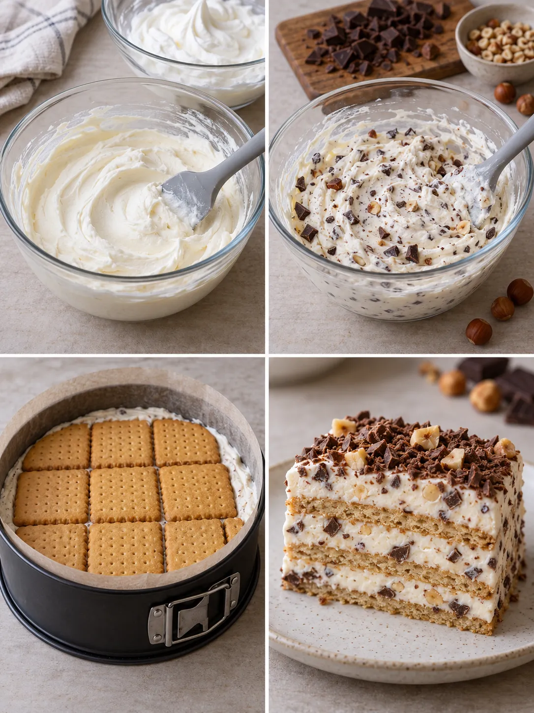 No-bake biscuit cake with chocolate and hazelnuts