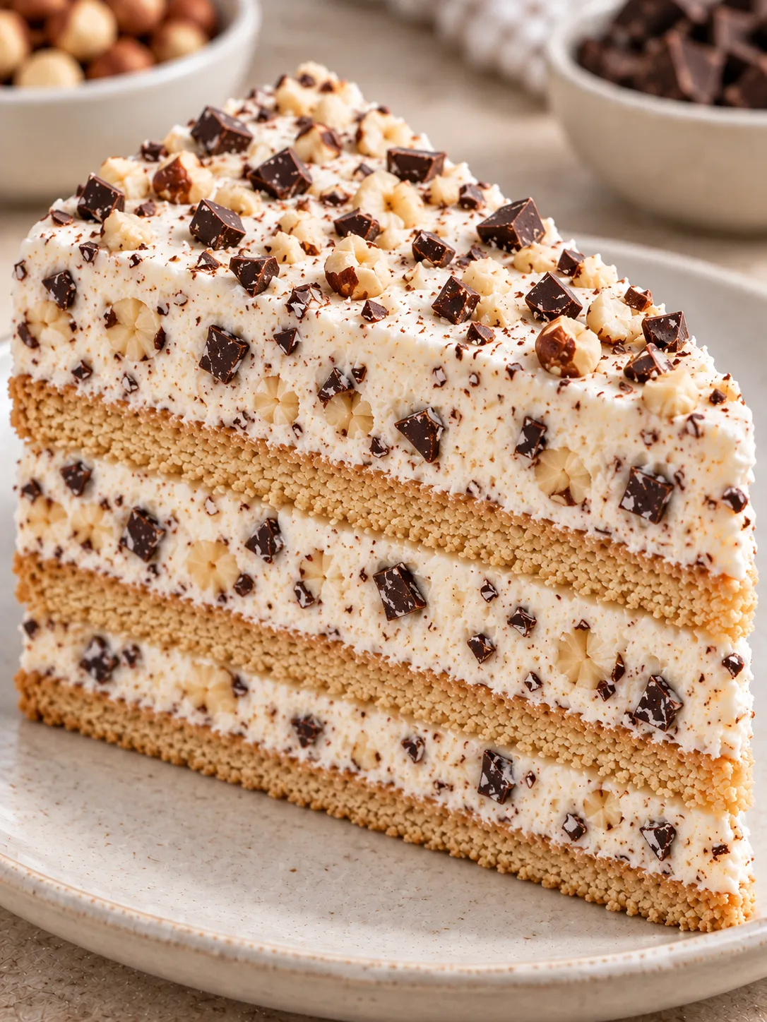 No-bake biscuit cake with chocolate and hazelnuts