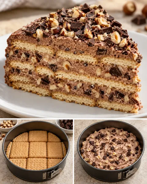 No-bake biscuit cake with chocolate and hazelnuts