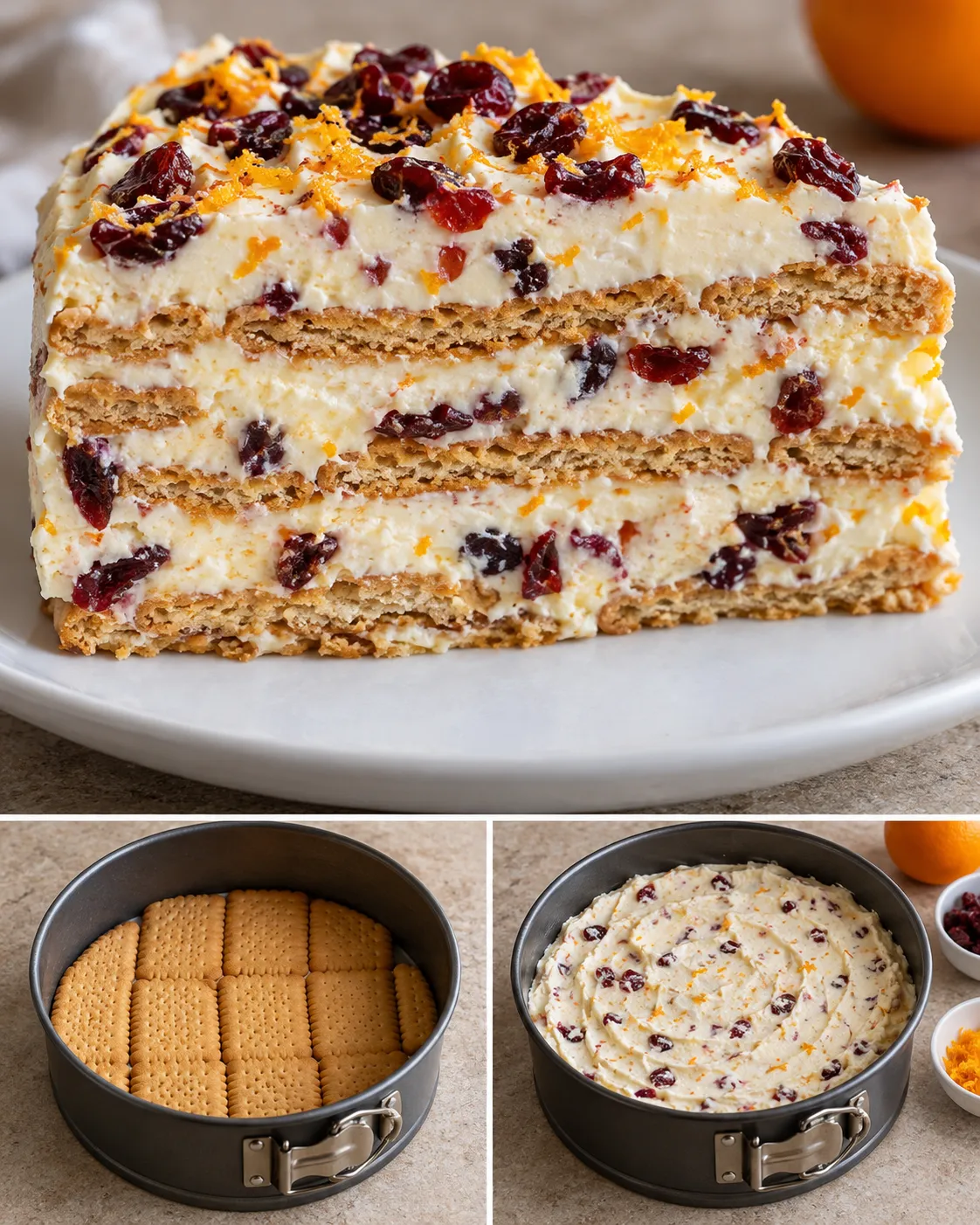 No-bake biscuit cake with cranberries and orange