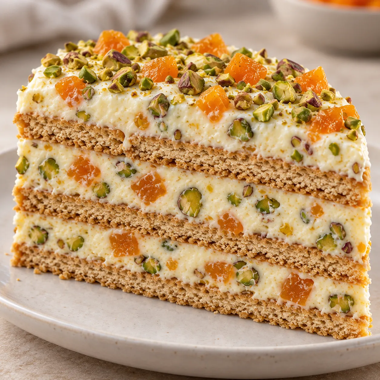 No-bake biscuit cake with apricots and pistachios