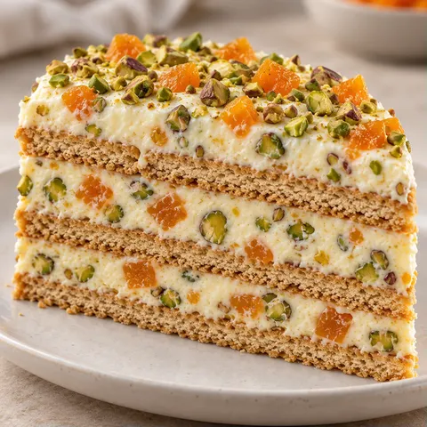 No-bake biscuit cake with apricots and pistachios