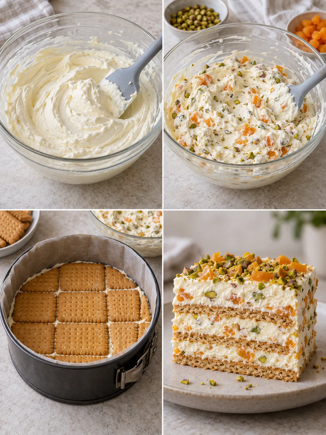 No-bake biscuit cake with apricots and pistachios