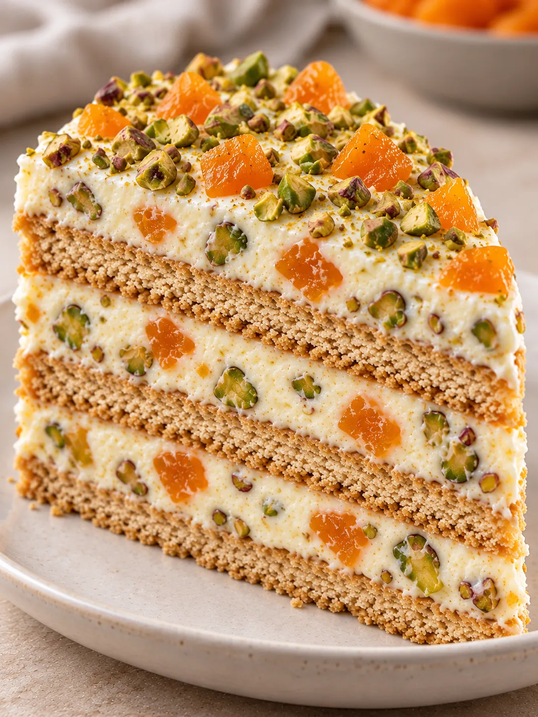 No-bake biscuit cake with apricots and pistachios