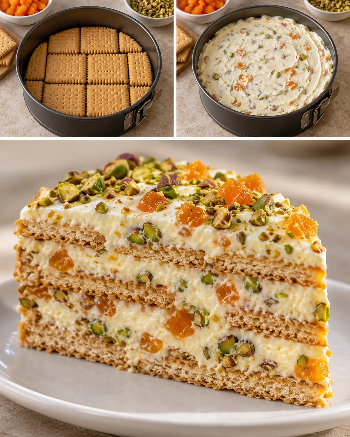 No-bake biscuit cake with apricots and pistachios