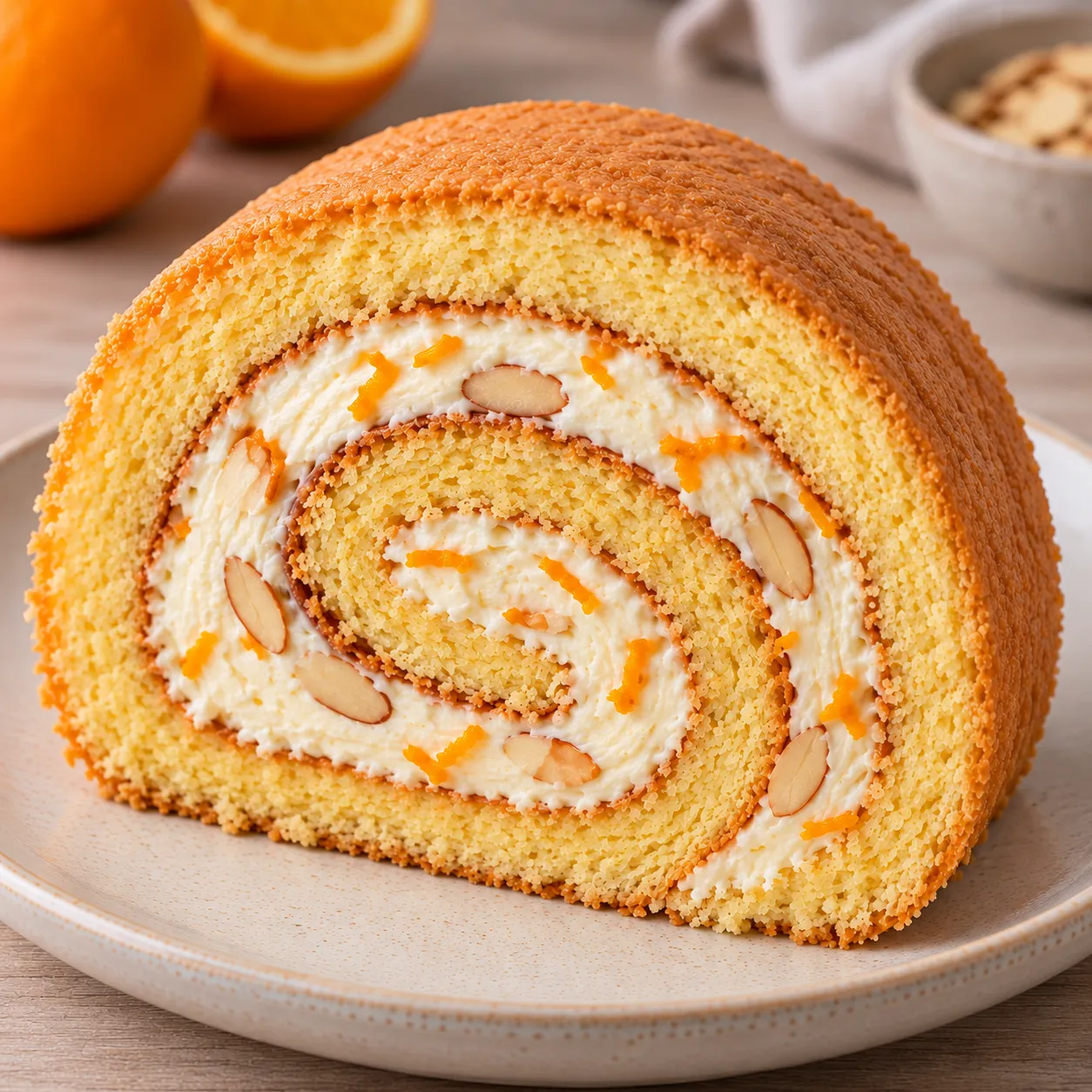 Sponge roll with orange and almonds