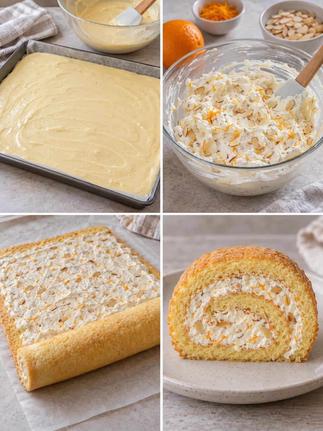 Sponge roll with orange and almonds