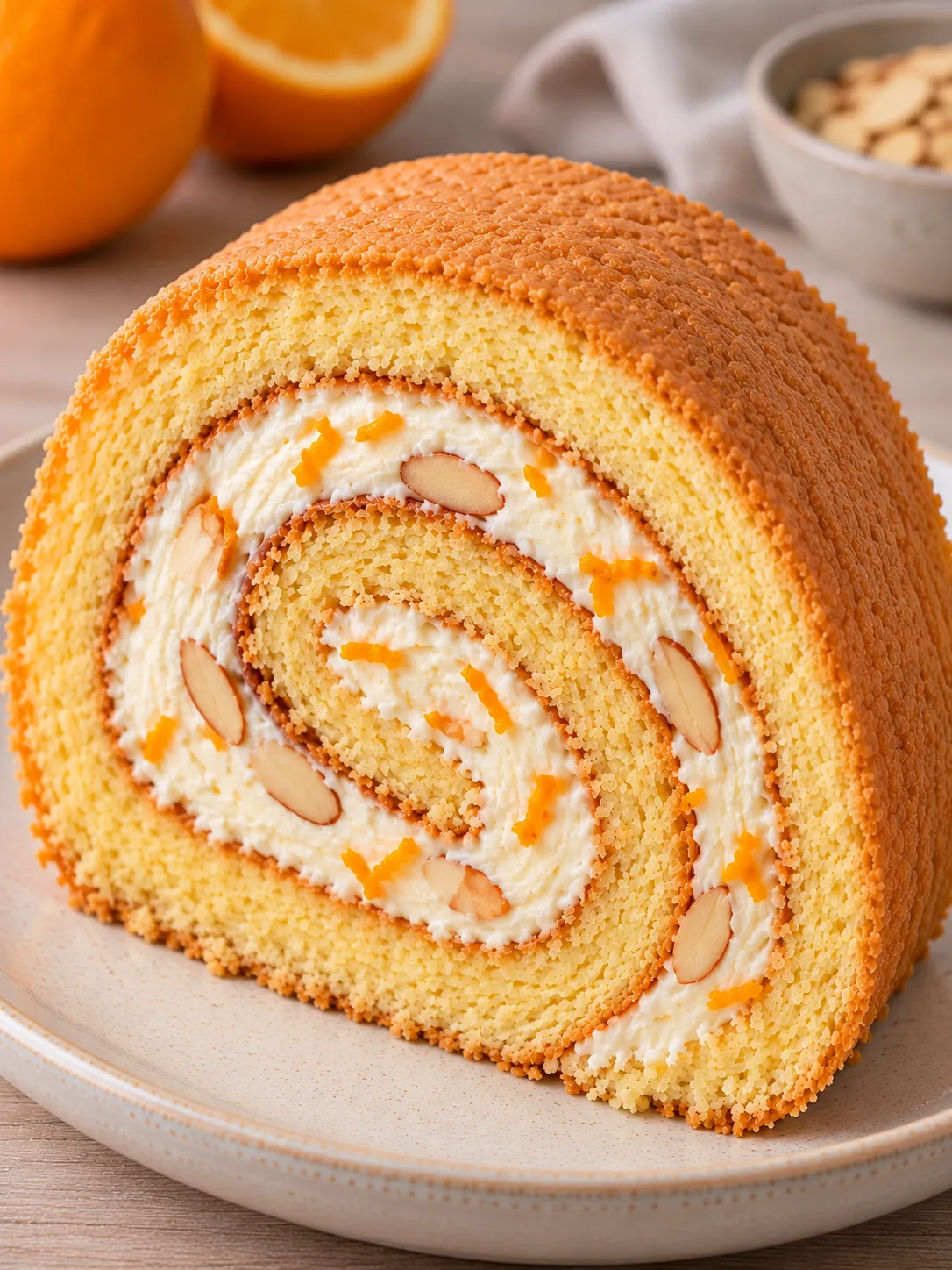 Sponge roll with orange and almonds