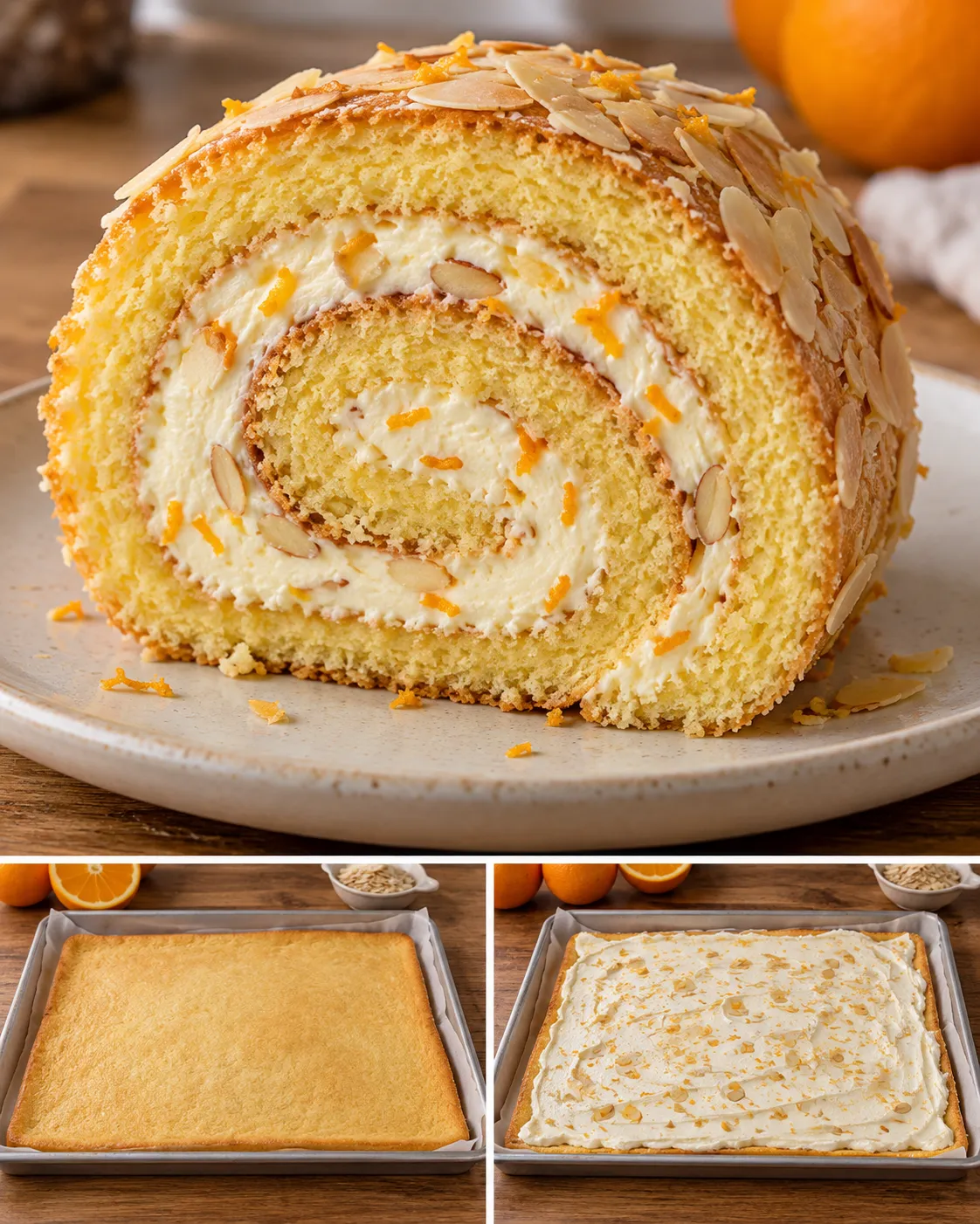 Sponge roll with orange and almonds